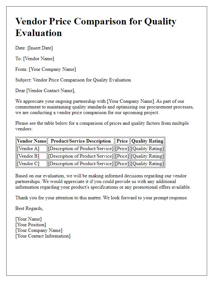 Letter template of vendor price comparison for quality evaluation