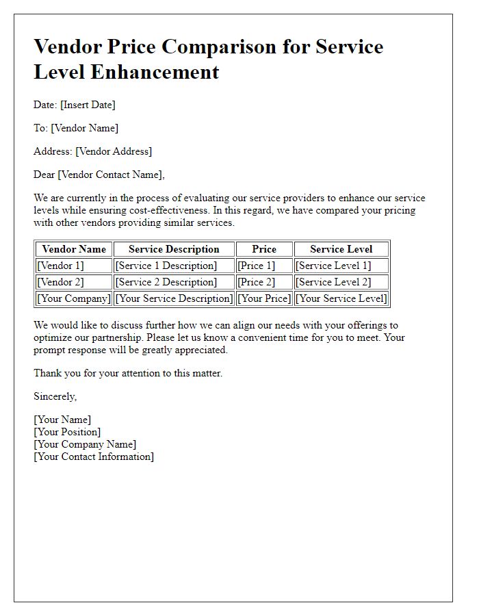 Letter template of vendor price comparison for service level enhancement