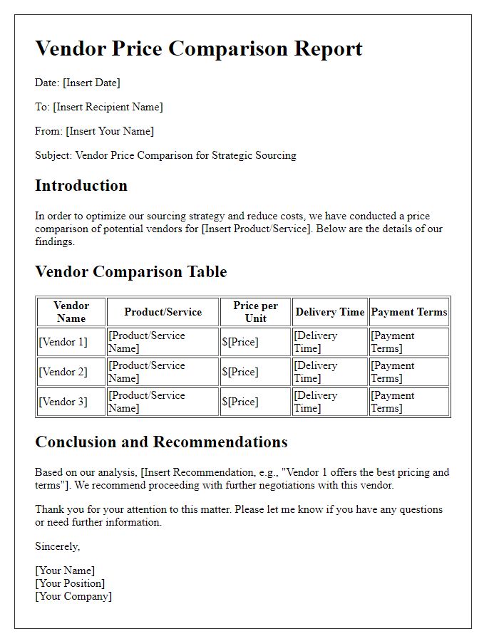 Letter template of vendor price comparison for strategic sourcing