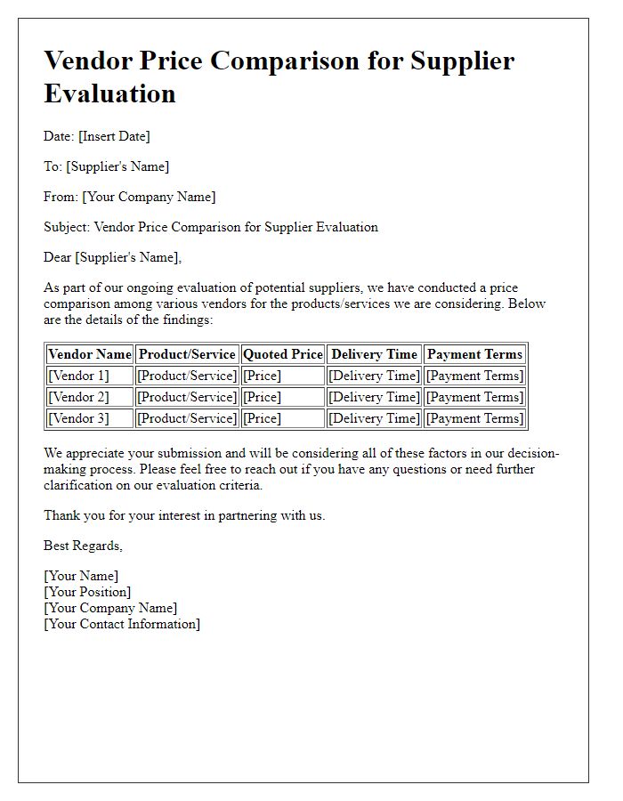 Letter template of vendor price comparison for supplier evaluation