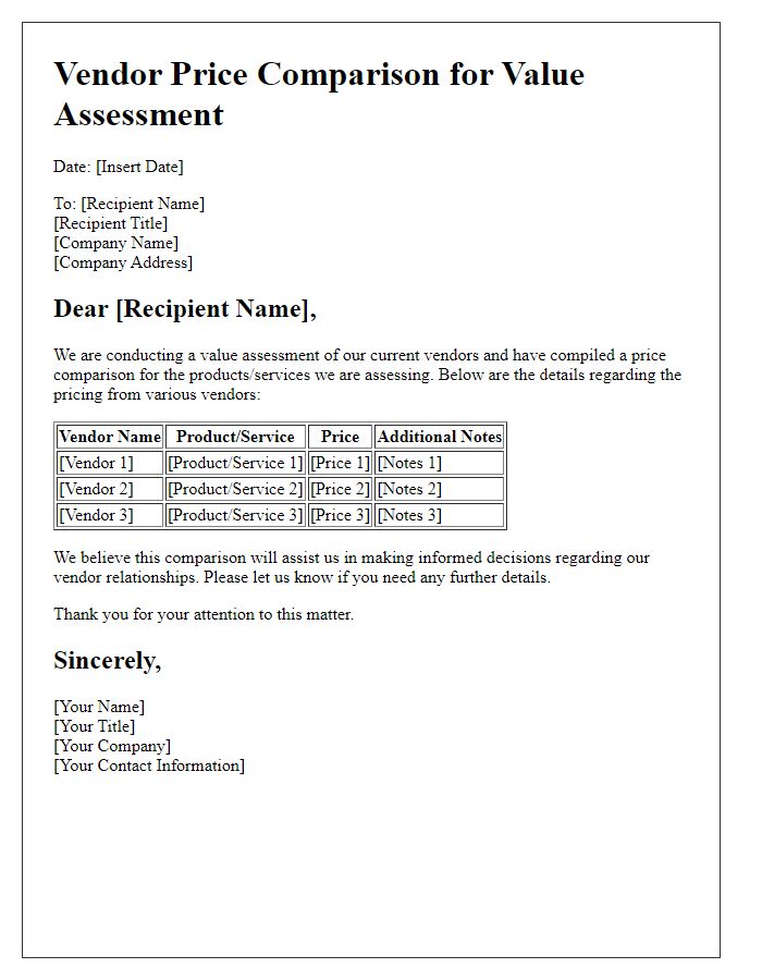 Letter template of vendor price comparison for value assessment