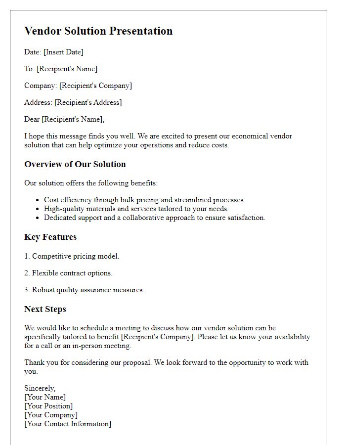 Letter template of economical vendor solution presentation