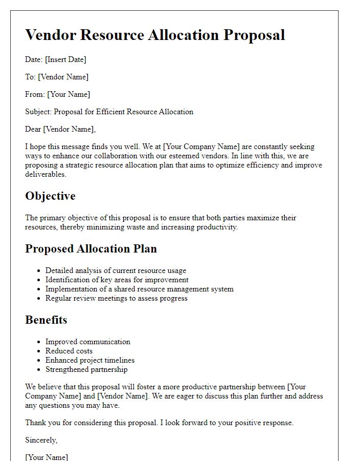 Letter template of efficient vendor resource allocation proposal