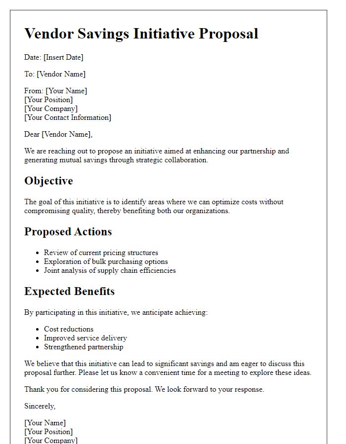 Letter template of vendor savings initiative proposal