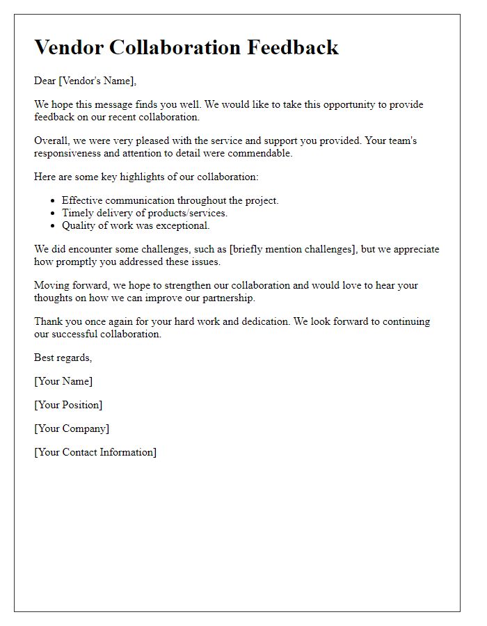 Letter template of vendor collaboration feedback