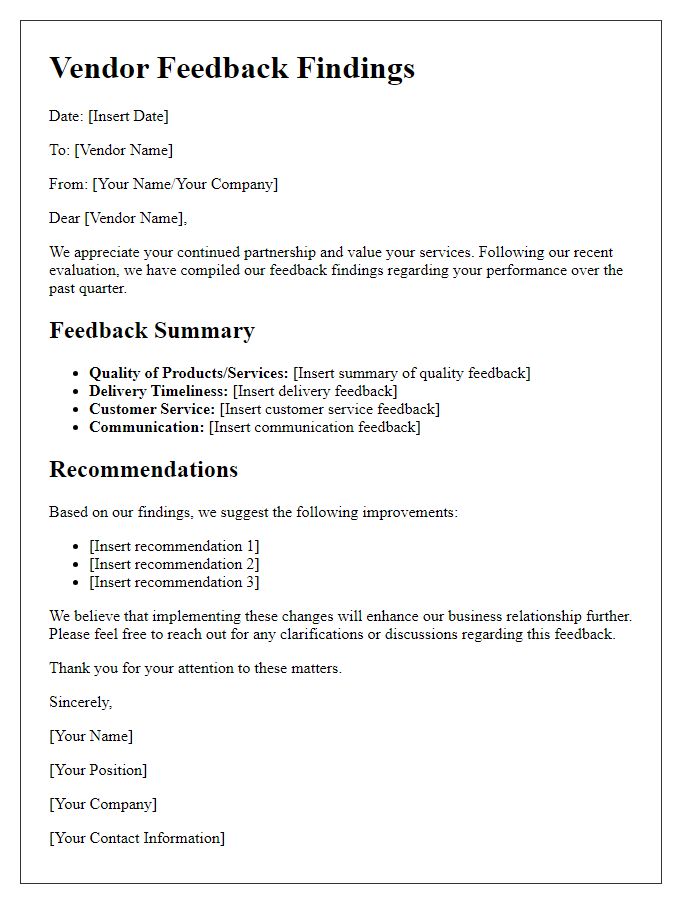 Letter template of vendor feedback findings