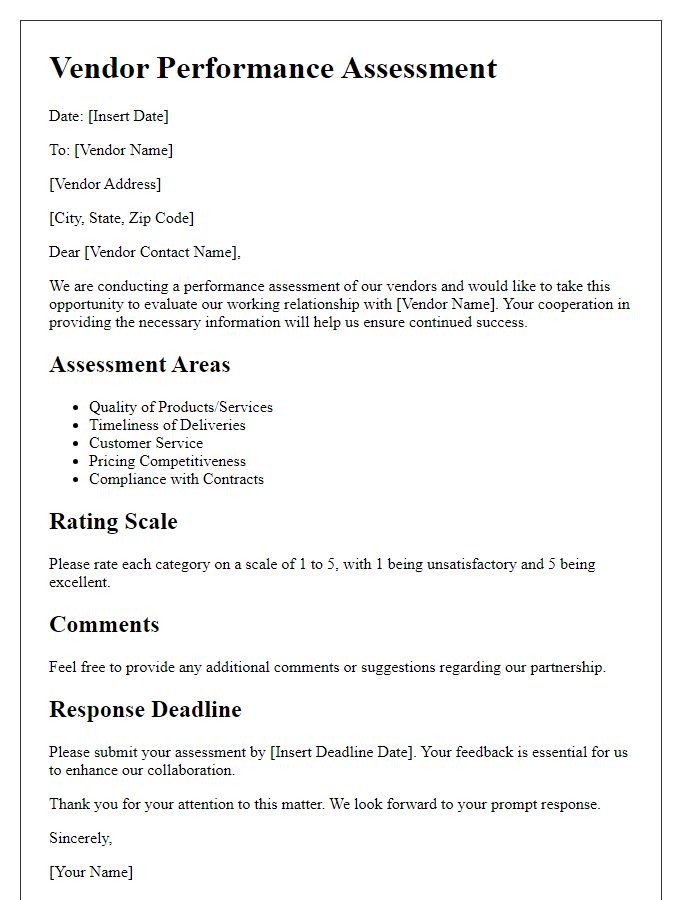 Letter template of vendor performance assessment