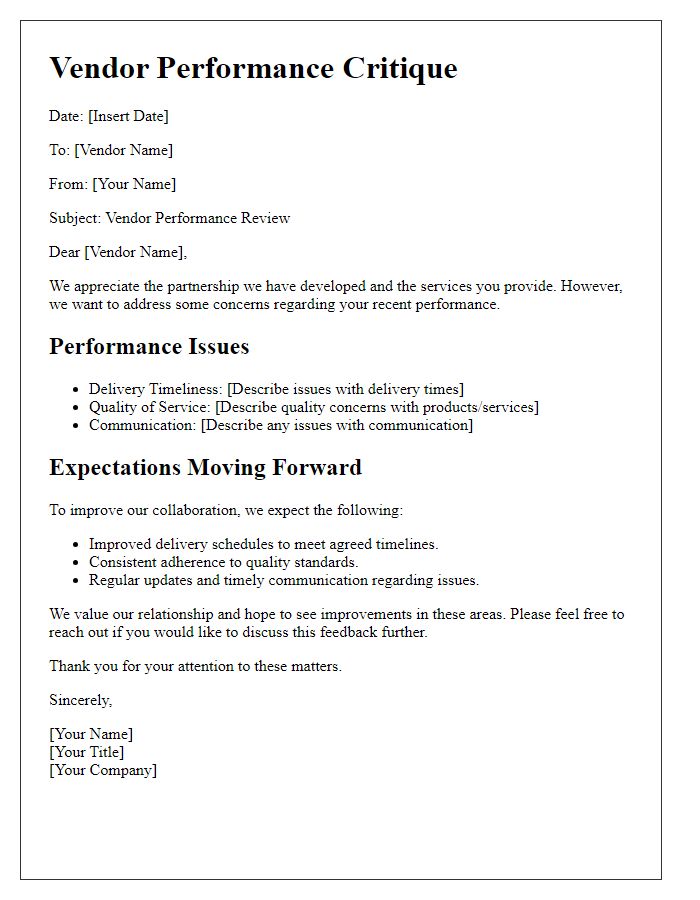 Letter template of vendor performance critique