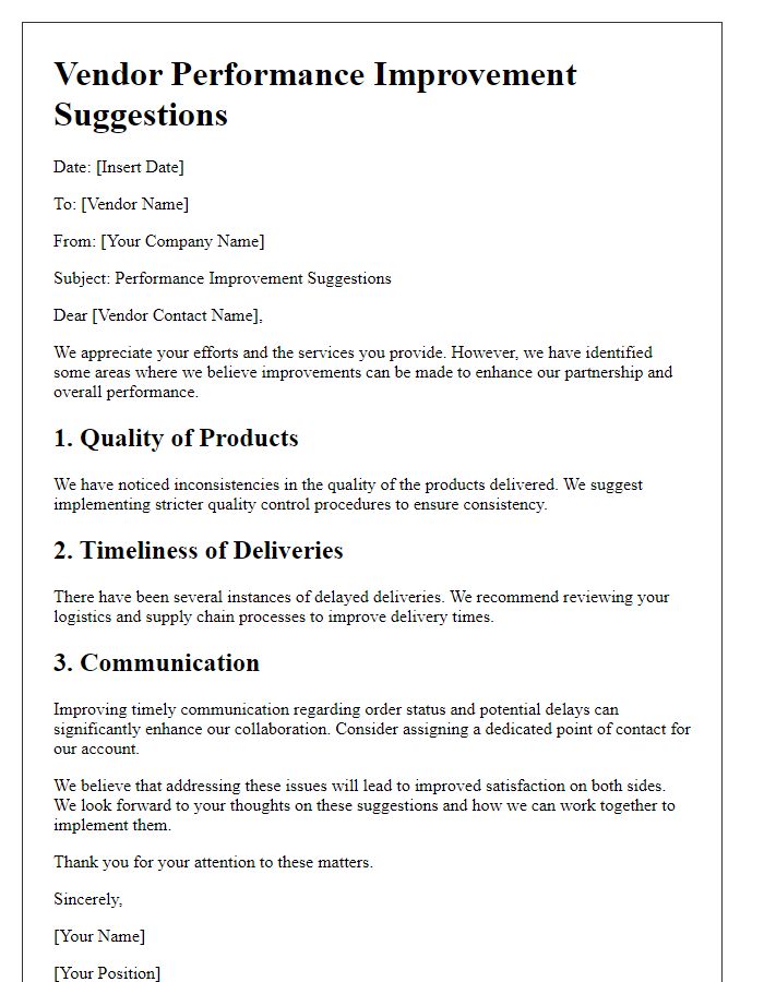 Letter template of vendor performance improvement suggestions
