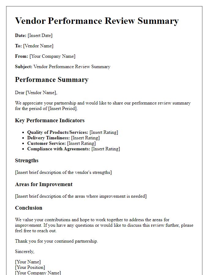 Letter template of vendor performance review summary