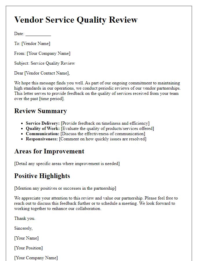 Letter template of vendor service quality review