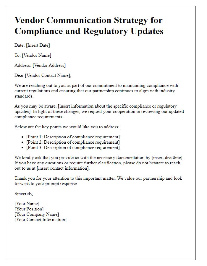 Letter template of vendor communication strategy for compliance and regulatory updates.