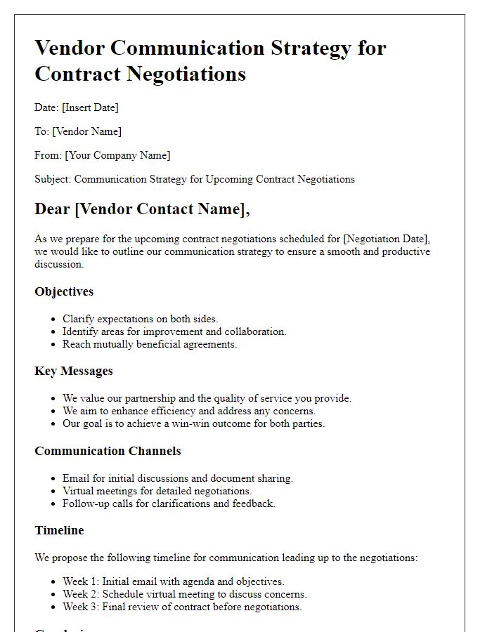 Letter template of vendor communication strategy for contract negotiations.