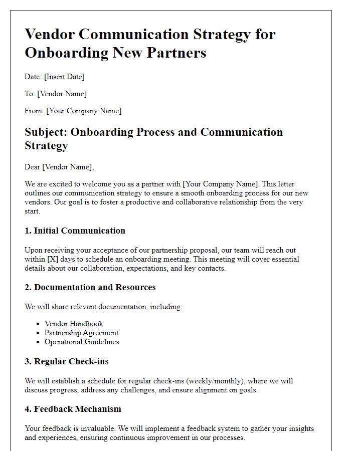 Letter template of vendor communication strategy for onboarding new partners.