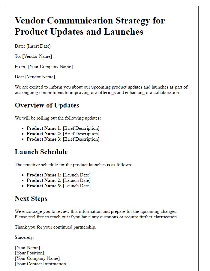 Letter template of vendor communication strategy for product updates and launches.