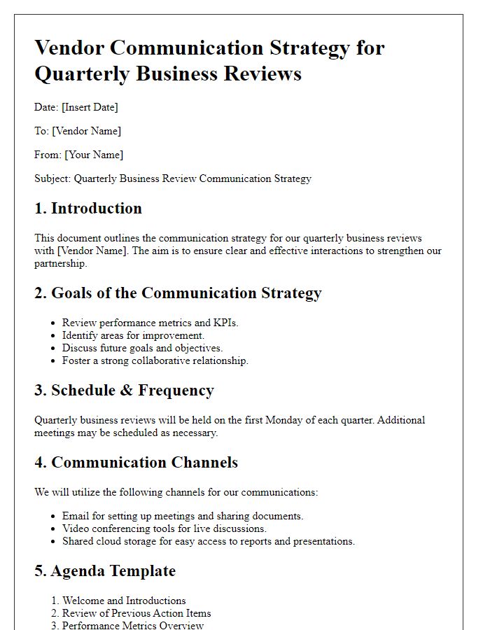 Letter template of vendor communication strategy for quarterly business reviews.