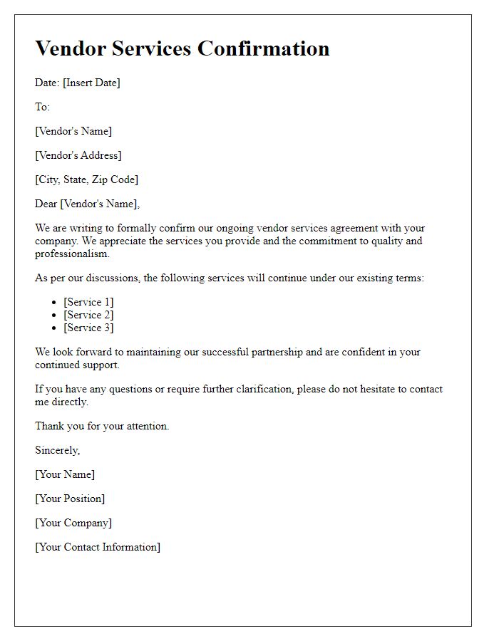 Letter template of confirmation needed for ongoing vendor services