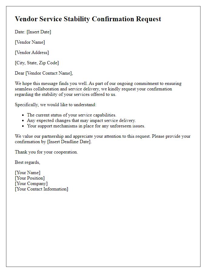 Letter template of confirmation request for vendor service stability