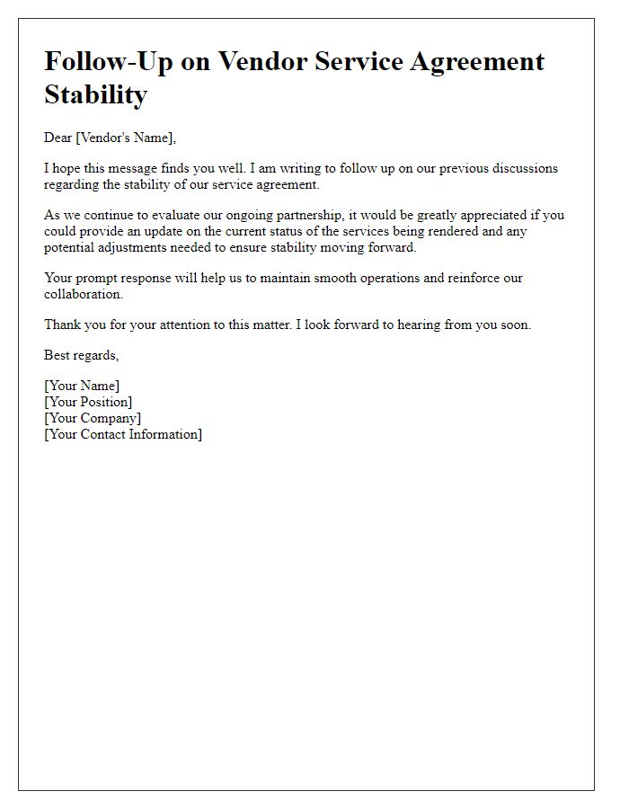 Letter template of follow-up for vendor service agreement stability