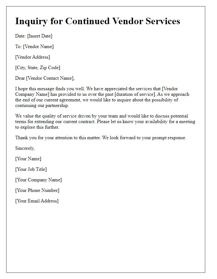 Letter template of inquiry for continued vendor services