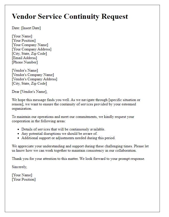 Letter template of vendor service continuity request