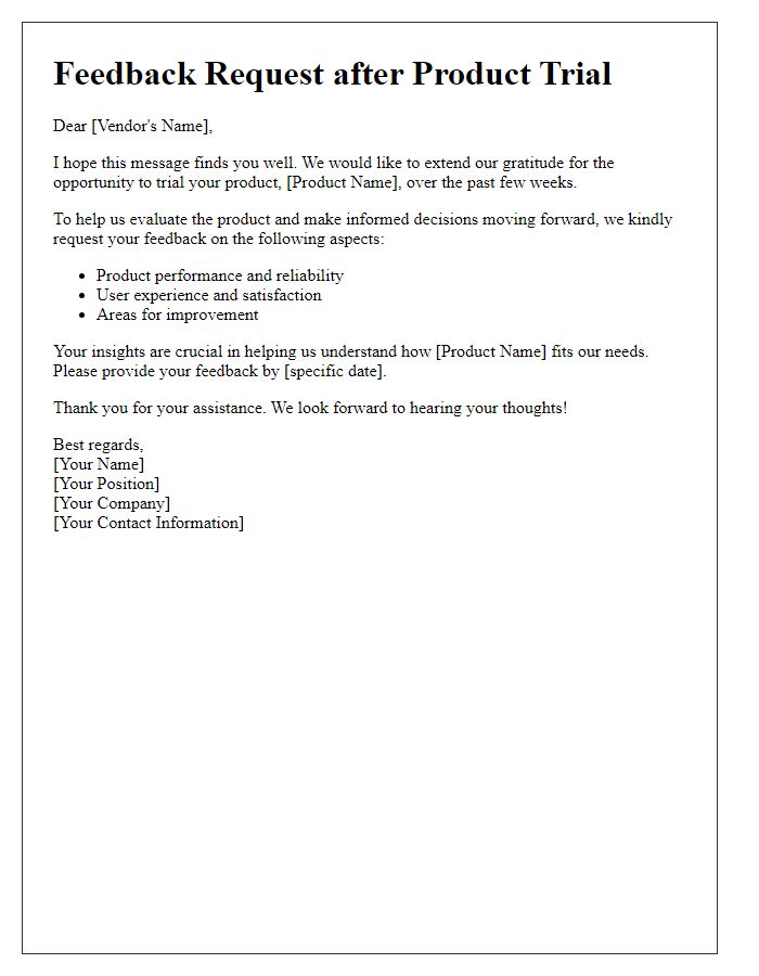 Letter template of feedback request after product trial with vendor