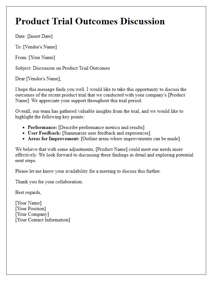 Letter template of product trial outcomes discussion with vendor