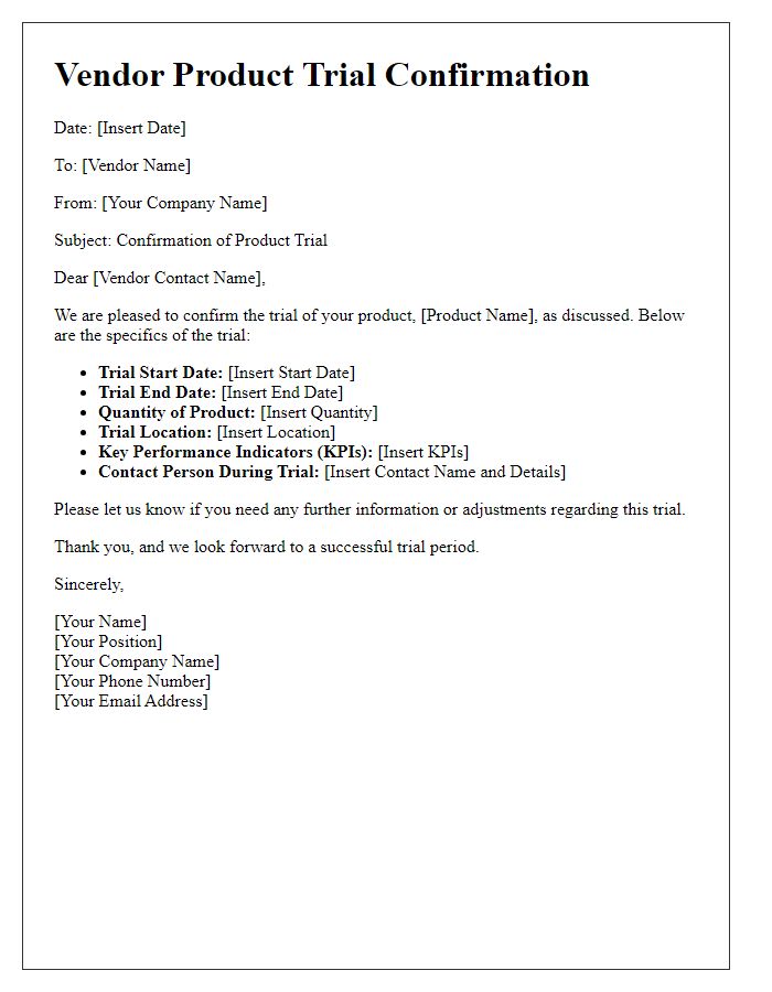 Letter template of vendor product trial confirmation and specifics