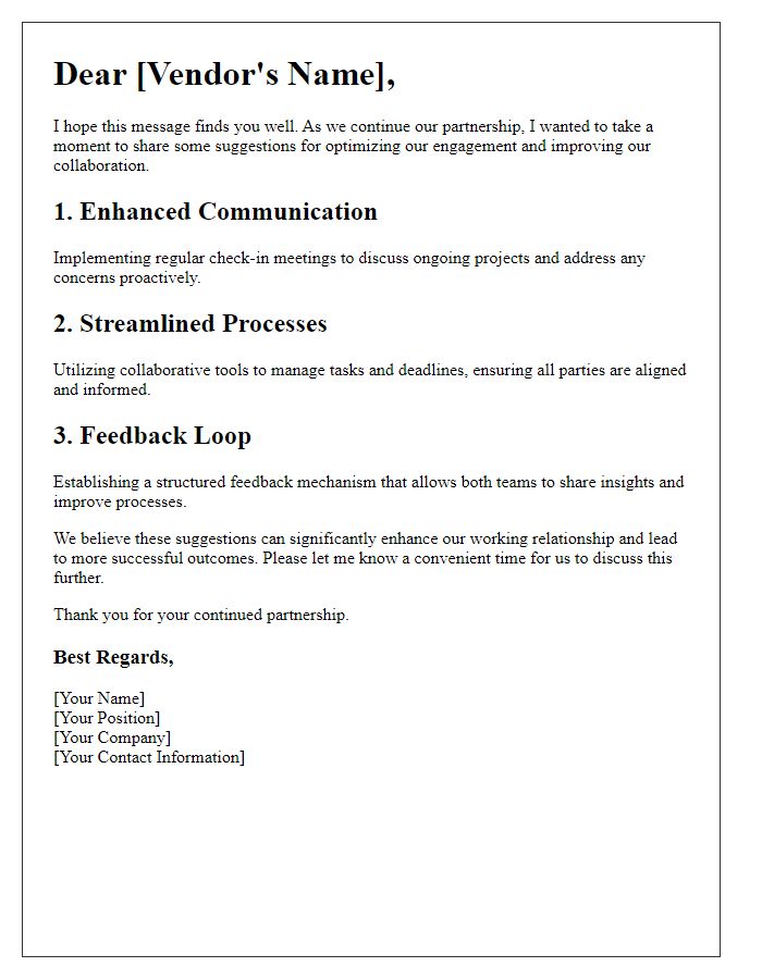 Letter template of vendor engagement optimization suggestion