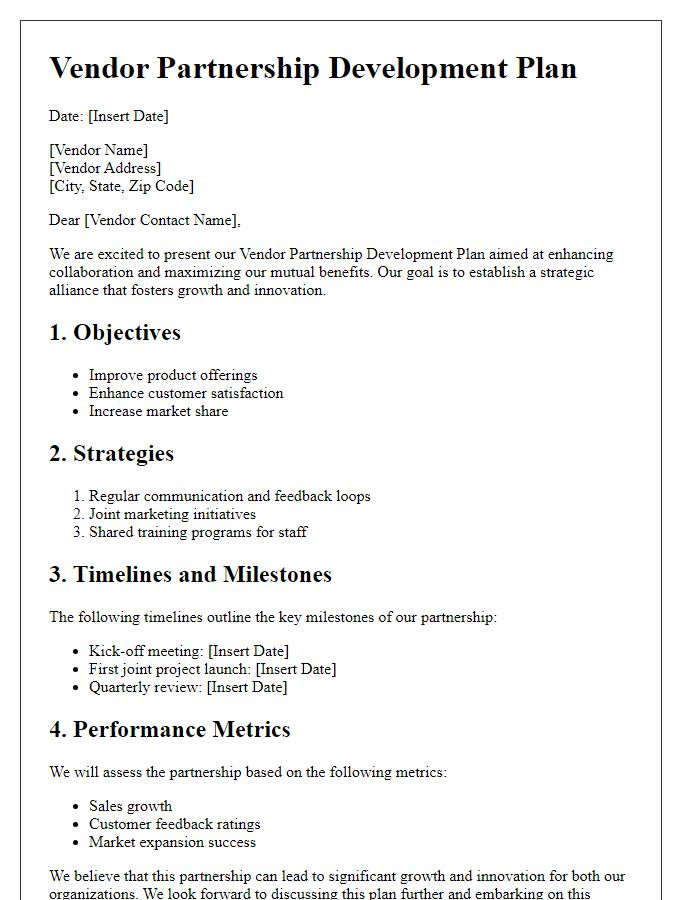 Letter template of vendor partnership development plan