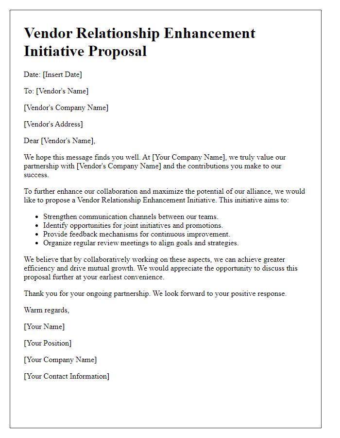 Letter template of vendor relationship enhancement initiative proposal