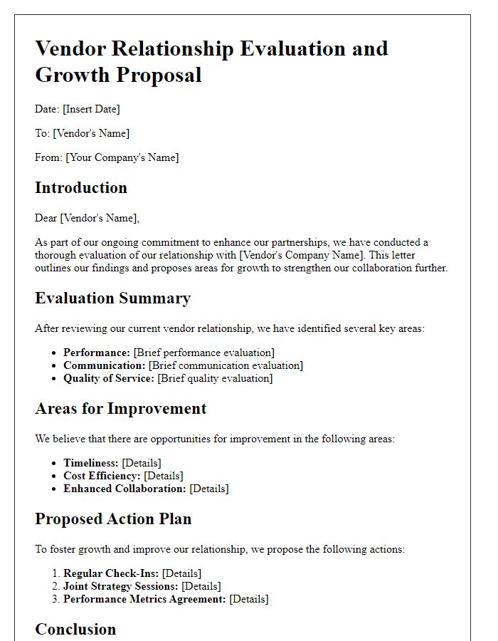 Letter template of vendor relationship evaluation and growth proposal