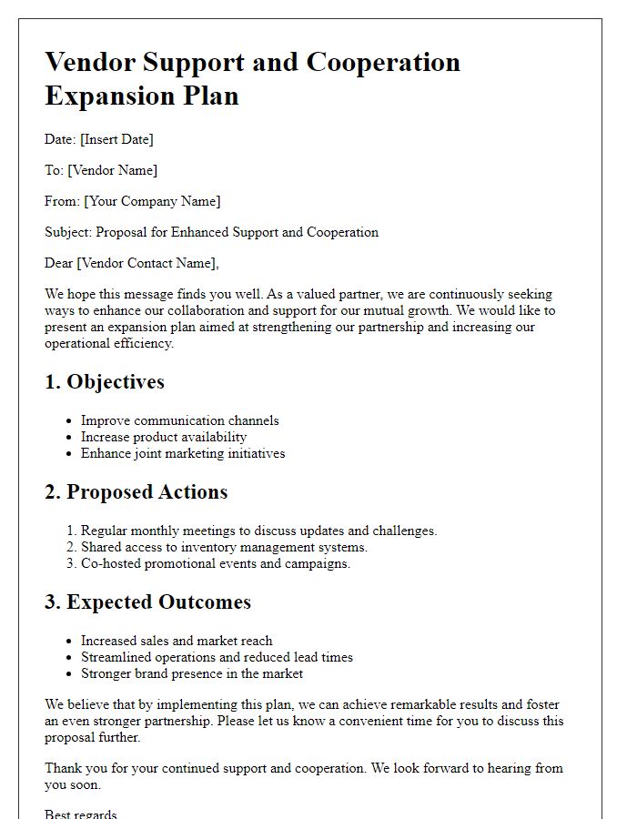 Letter template of vendor support and cooperation expansion plan