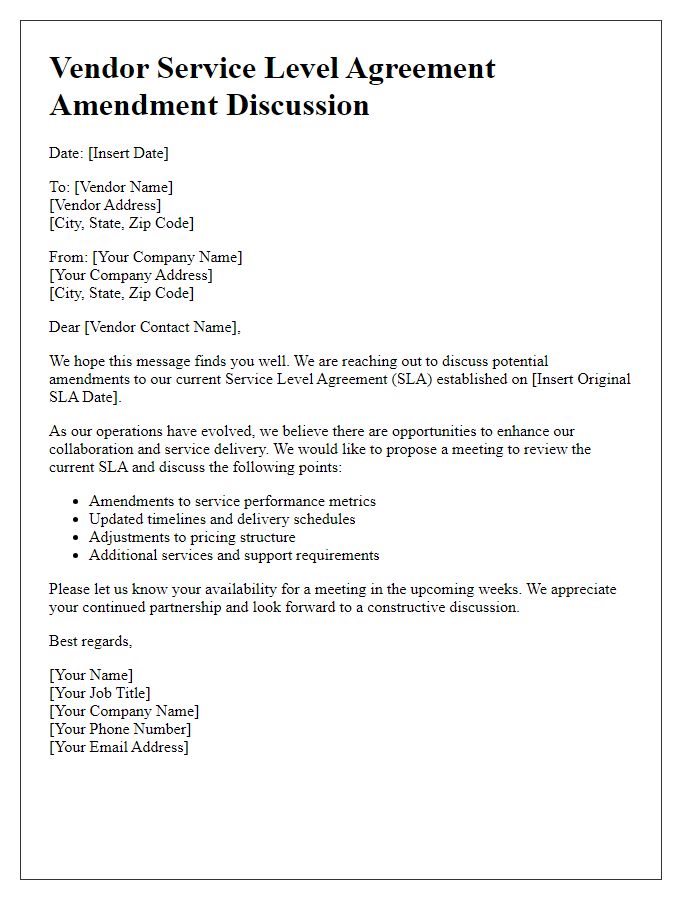 Letter template of vendor service level agreement amendment discussion.