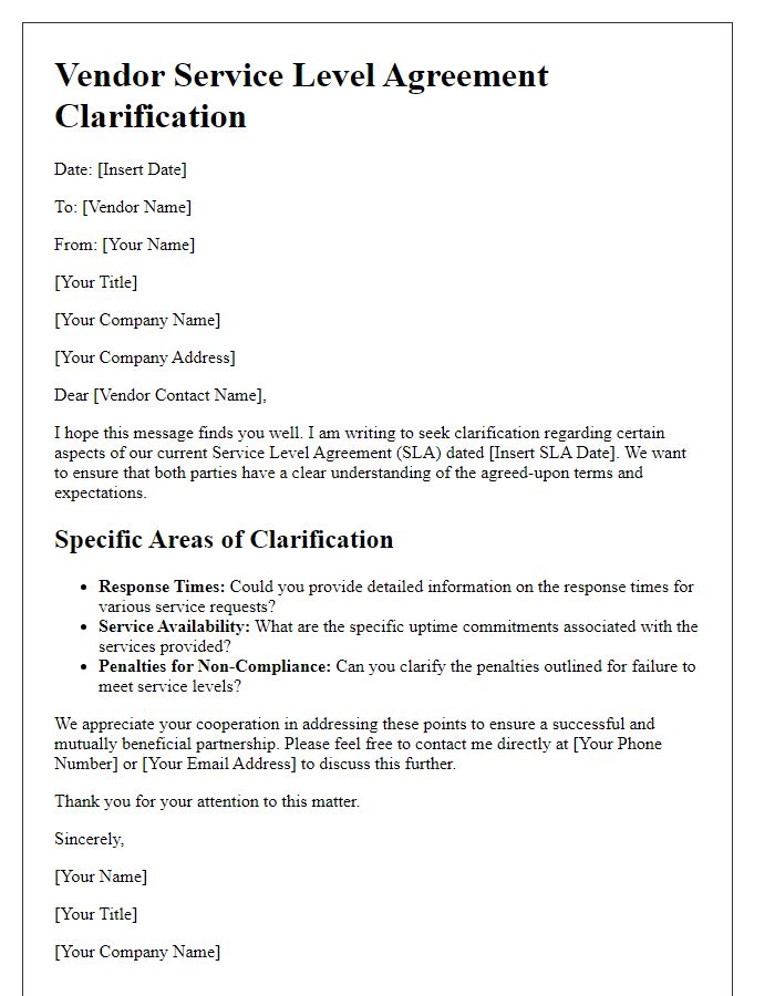 Letter template of vendor service level agreement clarification.