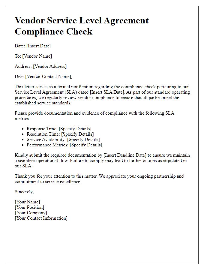 Letter template of vendor service level agreement compliance check.