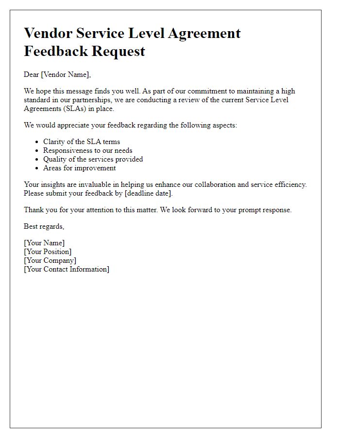 Letter template of vendor service level agreement feedback request.