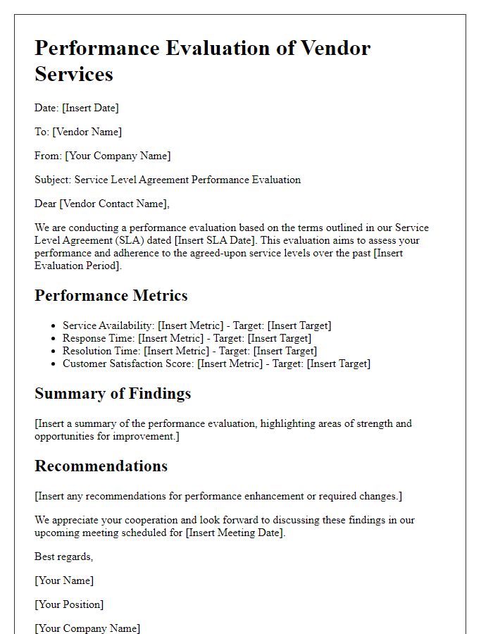 Letter template of vendor service level agreement performance evaluation.