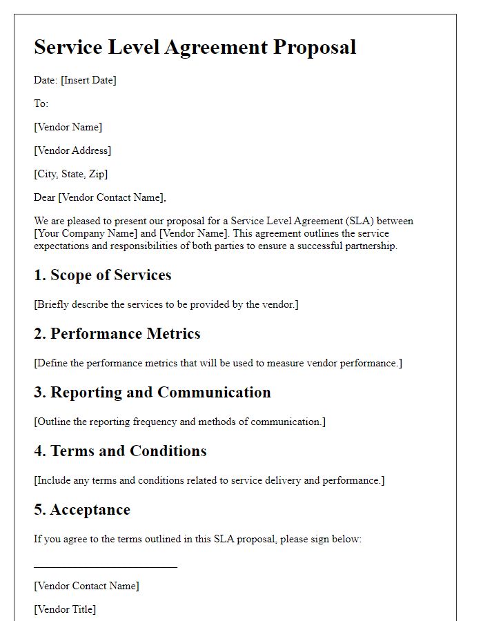 Letter template of vendor service level agreement proposal.