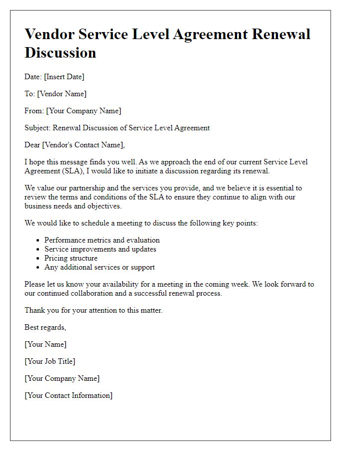 Letter template of vendor service level agreement renewal discussion.