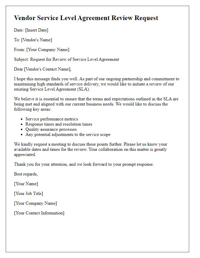 Letter template of vendor service level agreement review request.