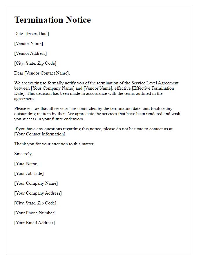 Letter template of vendor service level agreement termination notice.