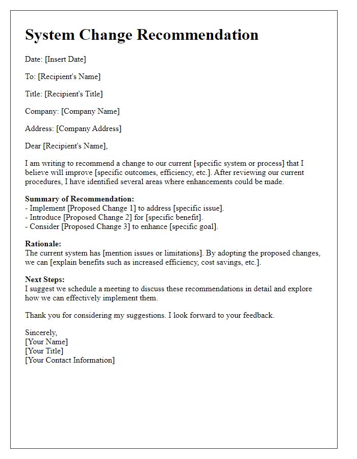 Letter template of system change recommendation