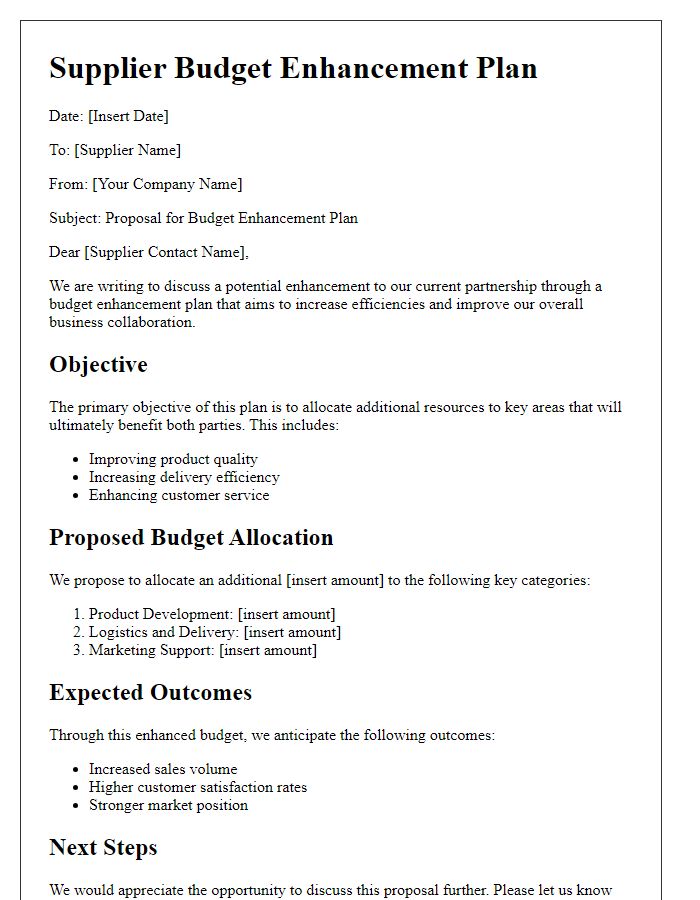 Letter template of supplier budget enhancement plan