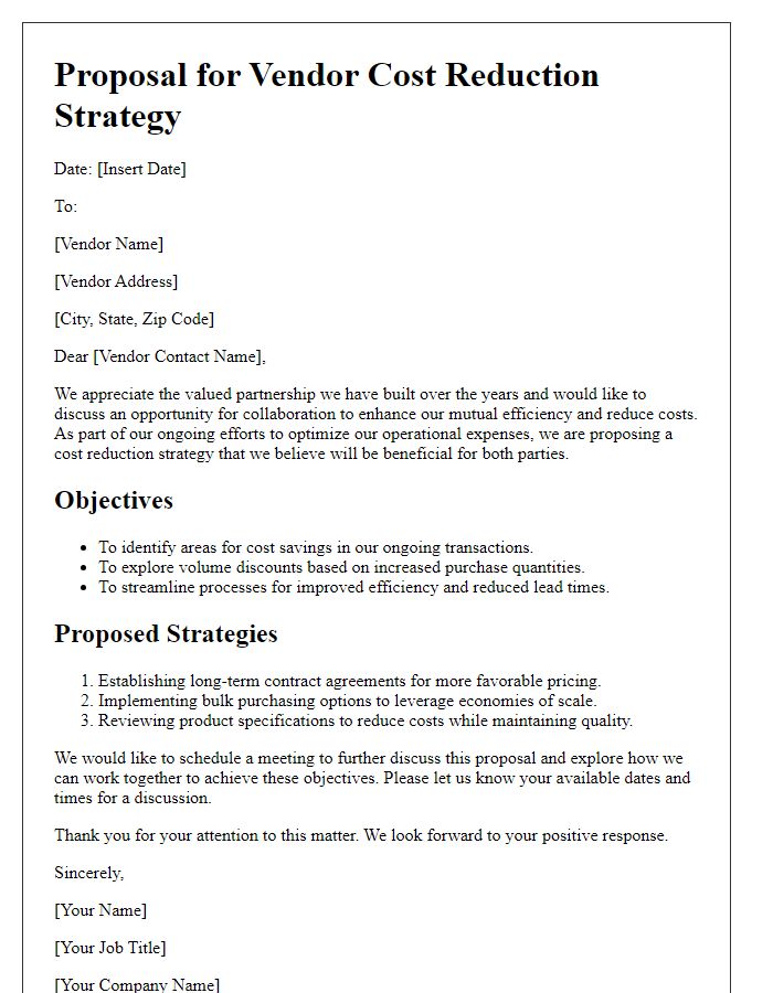 Letter template of vendor cost reduction strategy proposal