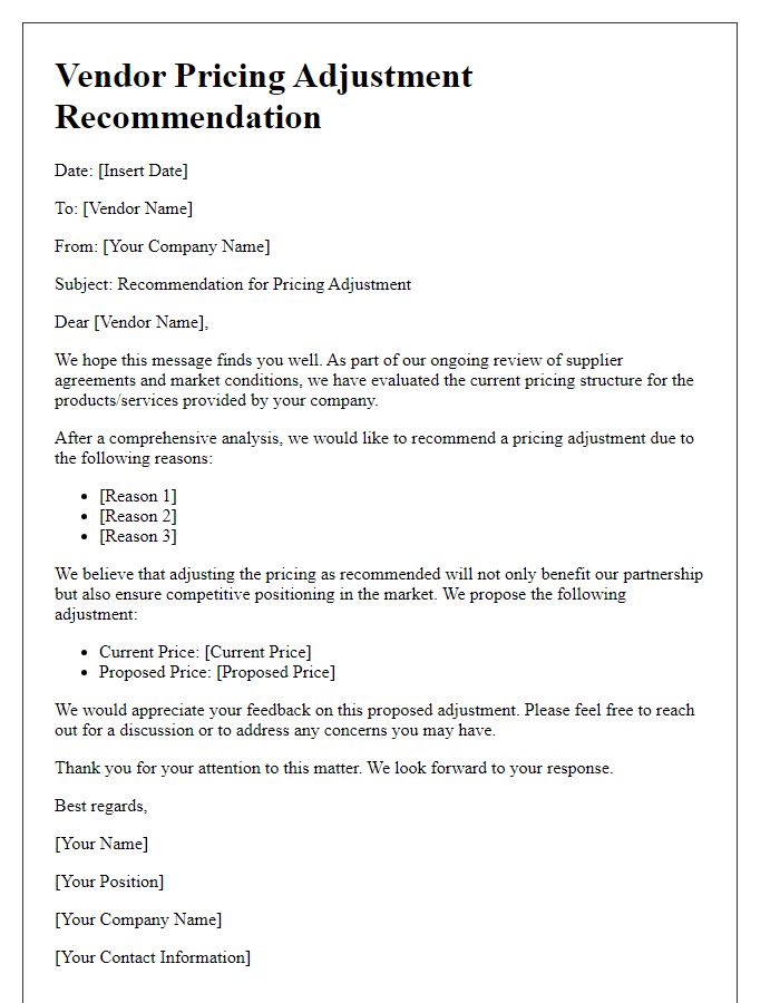 Letter template of vendor pricing adjustment recommendation