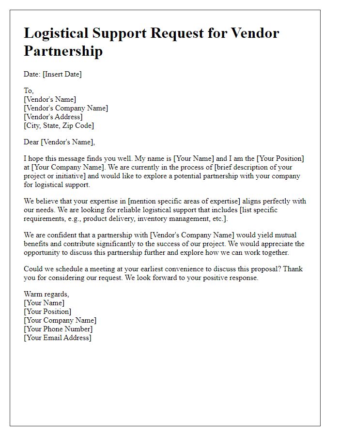 Letter template of logistical support request for vendor partnership