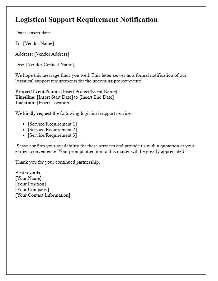 Letter template of logistical support requirement notification to vendors