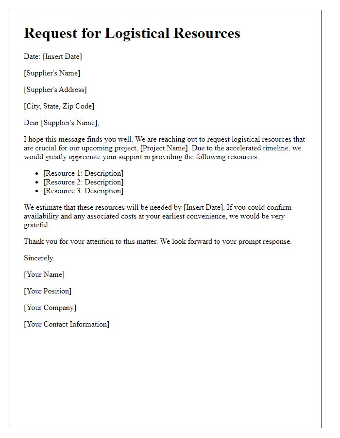 Letter template of request for logistical resources from supplier