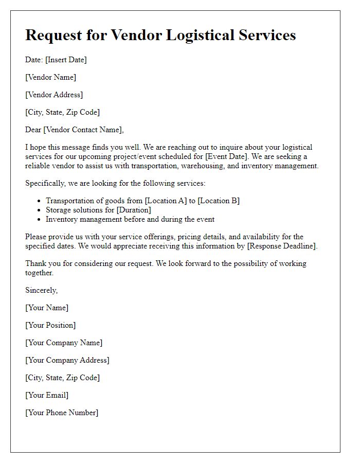 Letter template of request for vendor logistical services